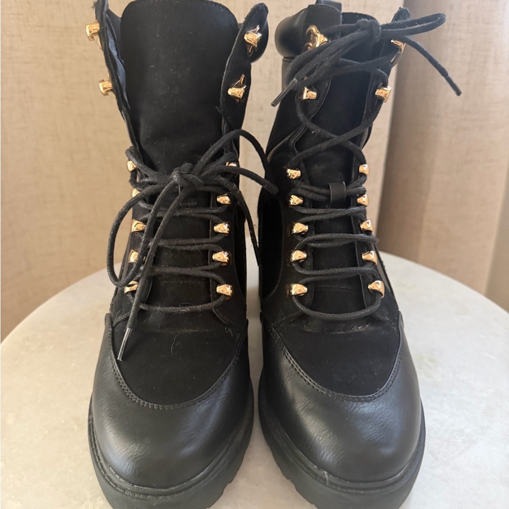 Black Combat Boots with Gold Accents